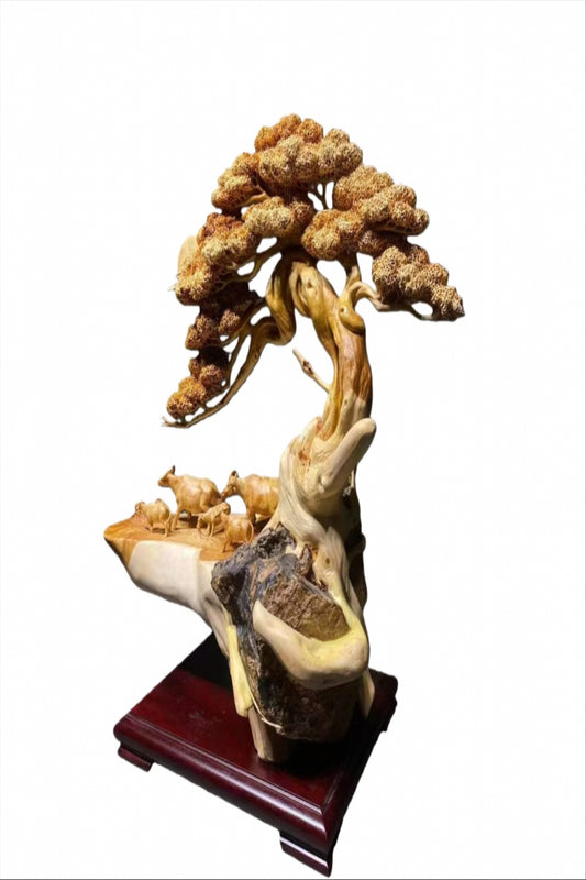 天然木 職人手彫り 置物 「親子牛」