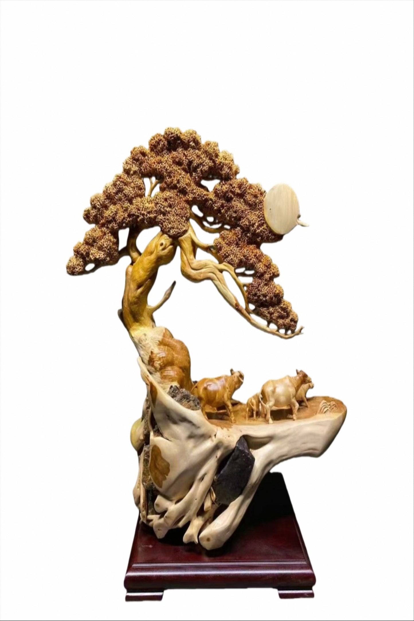 天然木 職人手彫り 置物 「親子牛」