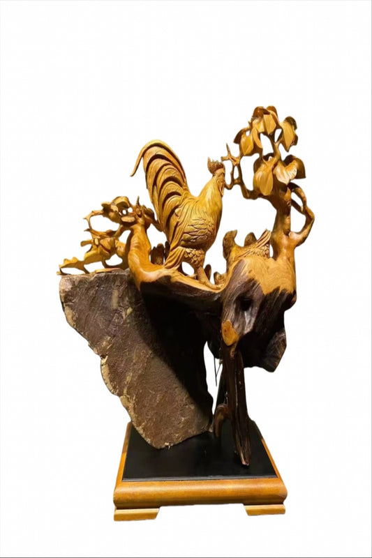 天然柏木 彫刻 「吉祥雄鶏」 手作り