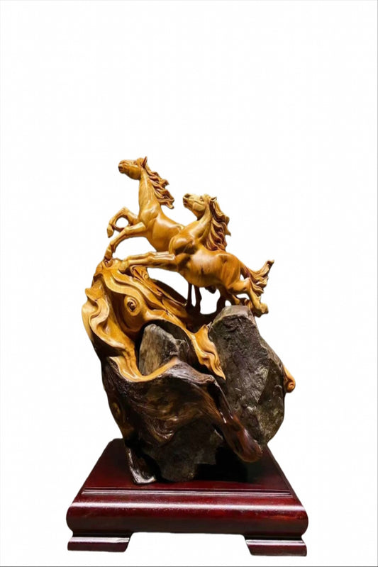 木製オブジェ 「二頭の馬」 根彫り芸術