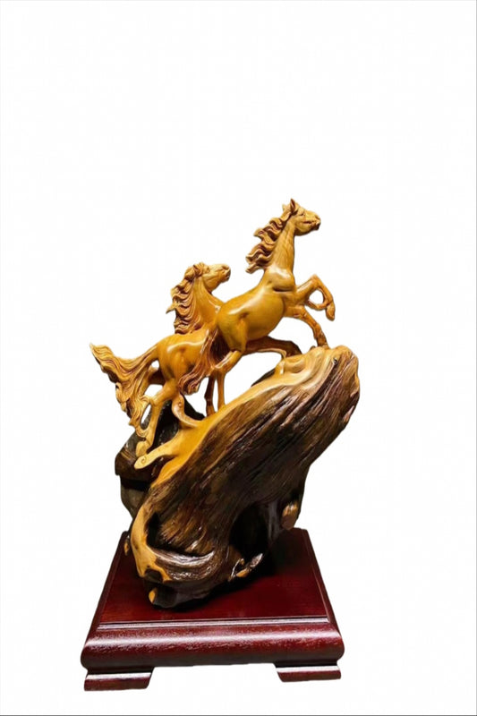 木製オブジェ 「二頭の馬」 根彫り芸術